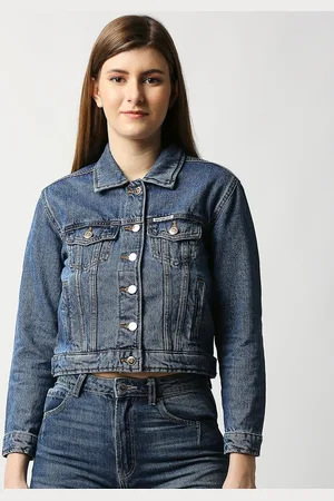 LOVEGEN Women Blue Washed Pure Cotton Crop Denim Jacket