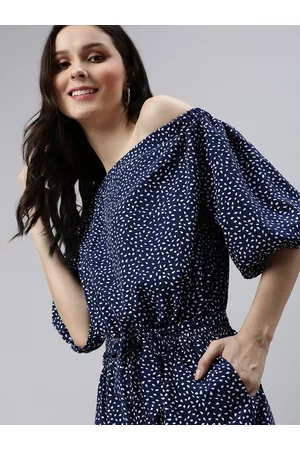 SHOWOFF Women Navy Blue & White Off-Shoulder Printed Basic Jumpsuit