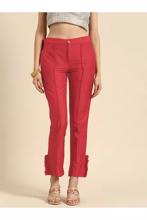 Sangria Women Red Relaxed Straight Leg High-Rise Pleated Trousers
