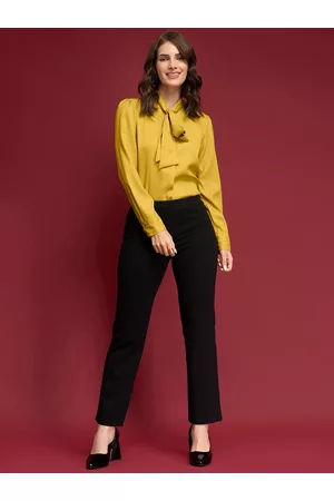 FableStreet Women Mustard Yellow Tie-Up Neck Top
