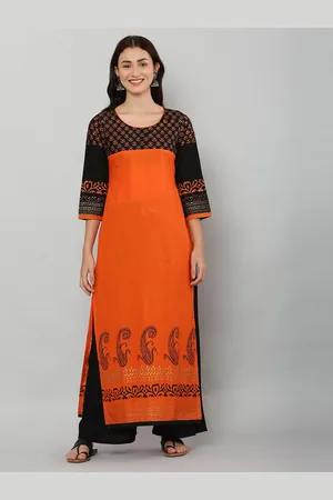 EZIS FASHION Women Orange & Black Ethnic Motifs Printed Cotton Kurta