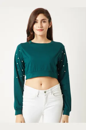 Miss Chase Women Green Embellished Crop Pure Cotton Top