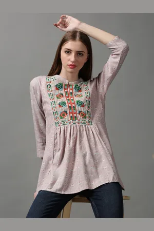 SHOWOFF Women Peach-Coloured & Green Embroidered Top