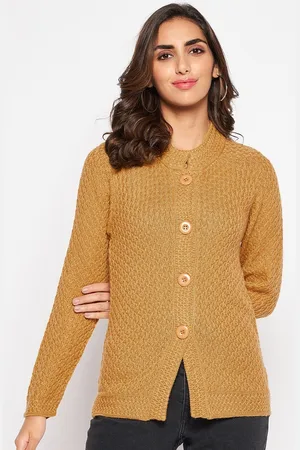 CANTABIL Women Mustard Cable Knit Cotton Cardigan
