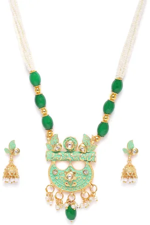 Kord Store Green Gold Plated Lariyat Meenakari Chand Shape Necklace & Jhumka Earrings Set