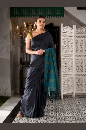 Charukriti Blue & Black Woven Design Pure Cotton Saree