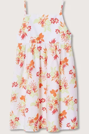 MANGO Girls White & Orange Floral Print Pure Cotton Fit & Flare Dress