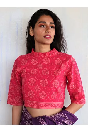 Chidiyaa Women Pink Block Printed Cotton Saree Blouse