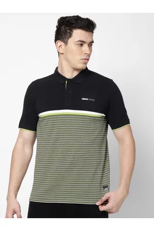 Lee Men Black & Green Striped Polo Collar Slim Fit Cotton T-shirt