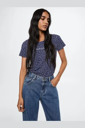 MANGO Women Navy Blue & White Pure Cotton Geometric Printed T-shirt