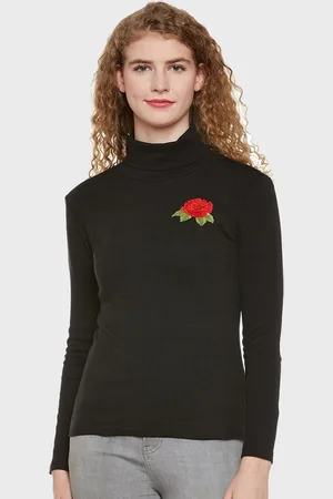 Hypernation Women Black High Neck T-shirt