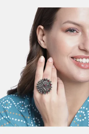Kord Store Silver-Plated Stone Studded Oxidised Adjustable Finger Ring