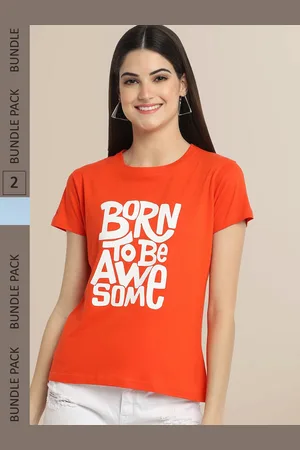 Fabflee Women Orange & Blue Set Of 2 Cotton Printed T-shirt