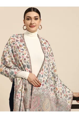 Sangria Women White Woollen Kashmiri Kaani Weave Shawl