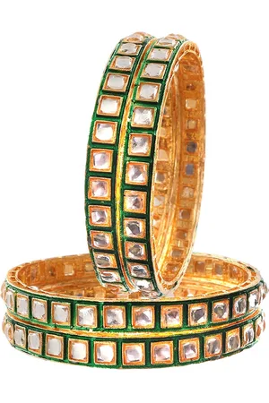 Jewar Mandi Set Of 2 Gold-Plated Green & White Kundan-Studded Bangles