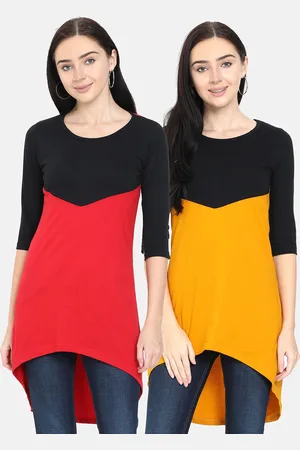 Fleximaa Women Red & Yellow Colourblocked Longline Top