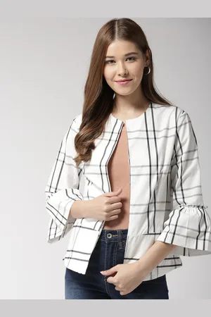 Sera Women White & Grey Checked Open-Front Pure Cotton Jacket