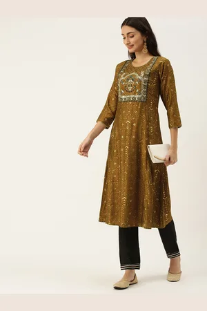 SWAGG INDIA Women Mustard Yellow Ethnic Motifs Embroidered Empire Gotta Patti Kurta with Trousers