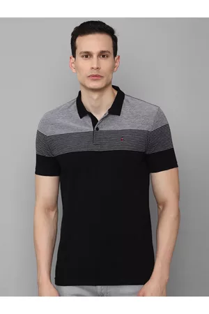 Louis Philippe Men Black Striped Polo Collar Slim Fit Pure Cotton T-shirt