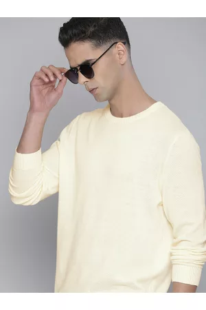 Flying Machine Men Off White Solid Pure Cotton Knitted Pullover