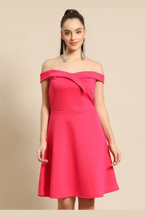 DODO & MOA Women Fuchsia Solid Off-Shoulder A-Line Dress