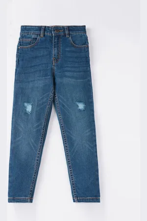 Ed-a-Mamma Boys Blue Straight Fit Mildly Distressed Light Fade Stretchable Jeans