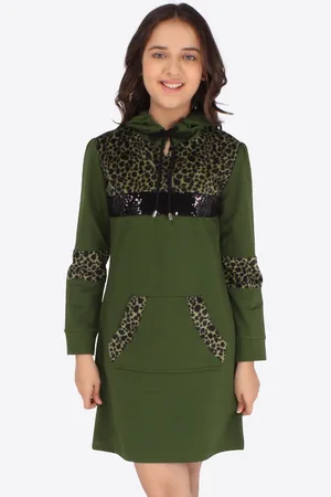 CUTECUMBER Girls Green & Black Animal Printed Cotton Sheath Dress