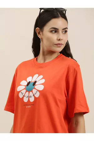 Difference of Opinion Women Orange Typography Printed Pure Cotton Oversized T-Shirt