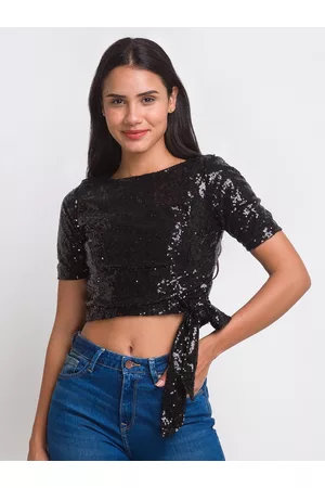 Globus Women Tie-Up Sequinned Party Crop Top