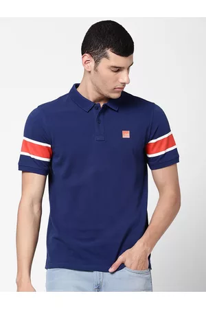 Lee Men Blue & Orange Colourblocked Polo Collar Slim Fit T-shirt
