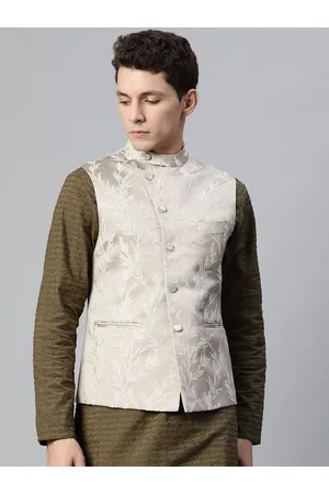 MANQ Men Beige Ethnic Motifs Jaquard Woven Design Nehru Jacket
