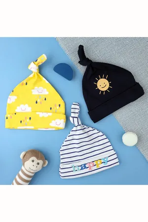 KICKS & CRAWL Kids Pack of 3 Navy Blue & Yellow Printed Cotton Beanie