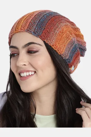 Magic Needles Women Maroon & Navy Blue Self Design Handmade Beanie