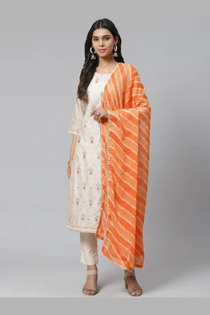 Biba Women Beige & Orange Embroidered Kurta with Trousers & Dupatta