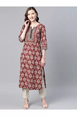 Rain & Rainbow Women Burgundy & Blue Pure Cotton Printed A-Line Tunic