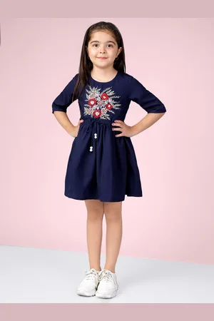 naughty ninos Girls Navy Blue Embroidered A-Line Dress