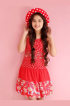 CUTECUMBER Girls Red & White Floral Printed Fit & Flare Dress