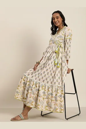 Taavi Women White & Green Handblock Printed Ethnic Pure Cotton A-Line Midi Dress