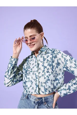 Stylecast Women Blue & White Floral Print Shirt Style Crop Top
