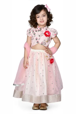 SAKA DESIGNS Girls Pink & Silver Floral Printed Ready To Wear Lehenga Blouse & Dupatta