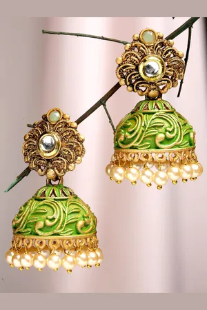karatcart Women Gold Plated Lime Green Dome Shaped Jhumkas Earrings