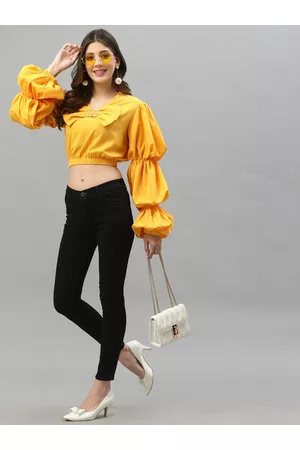 KASSUALLY Women Mustard Yellow Balloon Sleeve Crop Top