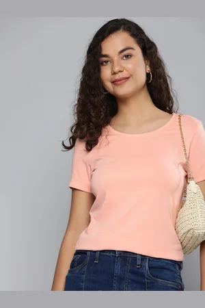 HERE&NOW Women Peach-Coloured Pure Cotton T-shirt