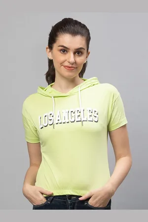 Globus Women Green Typography Printed Cotton Hooded T-shirt
