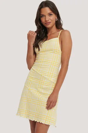 NA-KD Women Yellow & White Checked Pure Cotton A-Line Dress