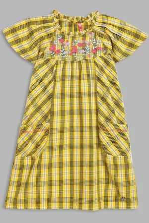 Blue Giraffe Yellow & Black Checked A-Line Pure Cotton Dress