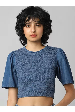 ONLY Women Blue Denim Smocking Round Neck Crop Top