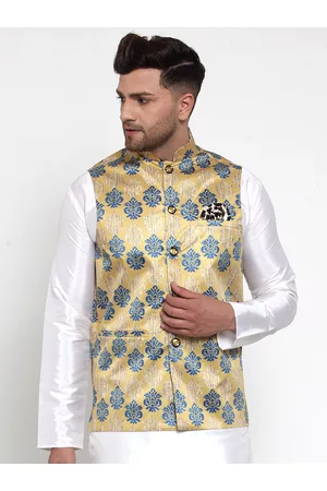 Jompers Men Gold-Coloured & Blue Digital Printed Satin Nehru Jacket