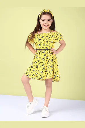 naughty ninos Girls Mustard Yellow Floral Printed Fit & Flare Dress