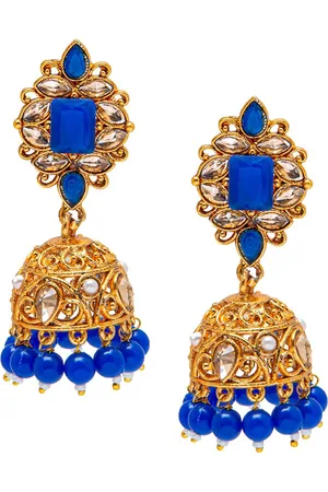 Shivansh Women Gold-Toned & BlieDome Shaped Jhumkas Earrings